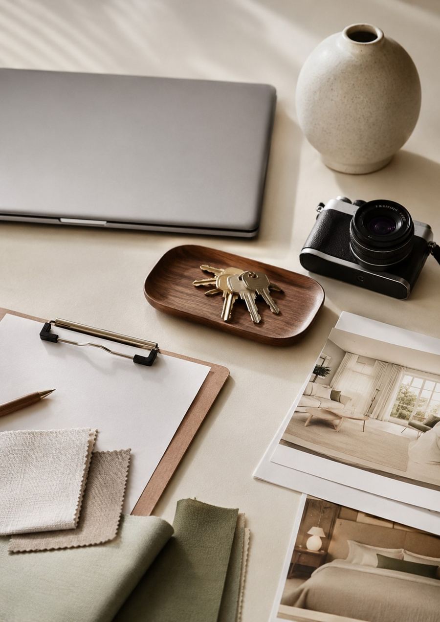Keys on a wooden tray beside a camera, clipboard and listing photographs